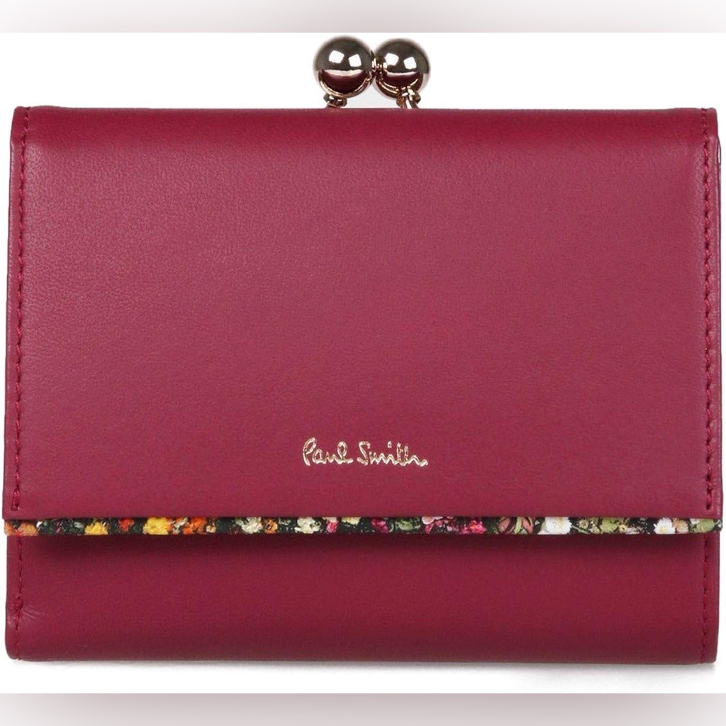 Paul Smith Garden Floral Trim, Bifold Wallet, Clasp, Red Burgundy Euc